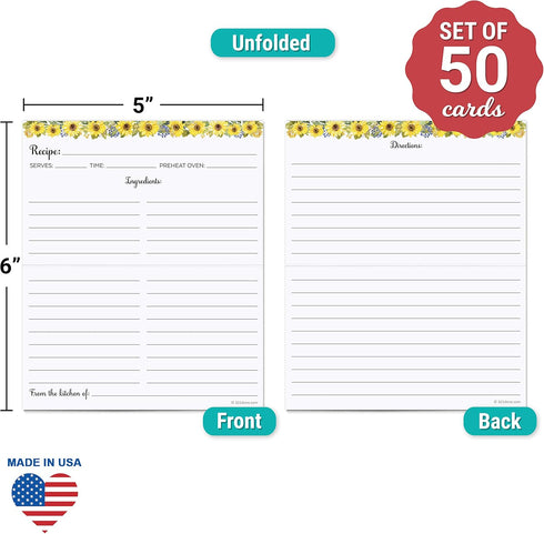 321Done Folding Recipe Cards (Set of 50) Sunflowers on White, From the Kitchen Of - Folds to 3x5 from 6x5 - Retro Vintage Wedding Baby Bridal Show...