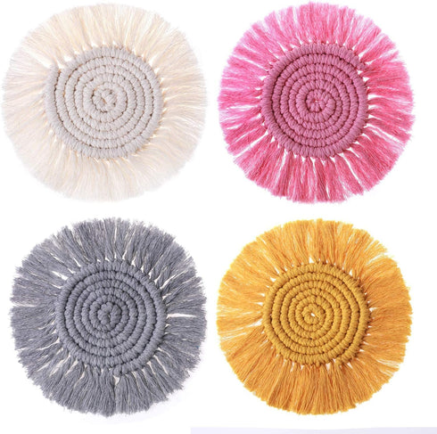 4PCS Macrame Coasters for Drinks, Handmade Cotton Coasters Set, Boho Coasters with Tassels, Round Drinks Woven Coasters, for Kinds of Mugs and Cup...