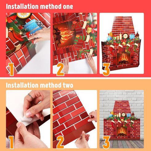 TaoBary Christmas Cardboard Fireplace 35.4 x 38.6 Inch Red Brick Bulletin Board Decoration Christmas Holiday Hearth Bulletin Board with 16.4 ft PV...
