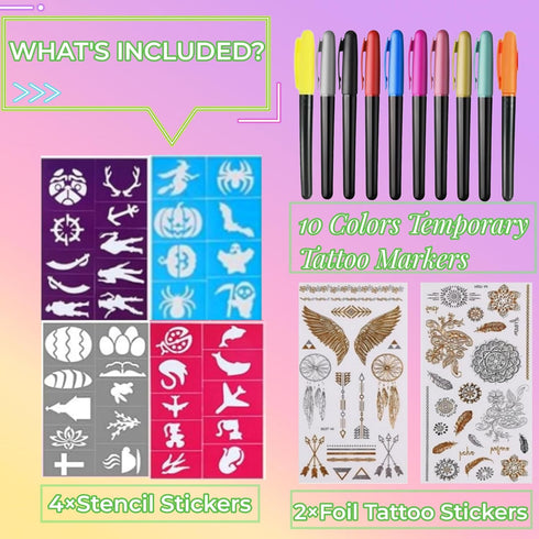 Temporary Tattoo Markers for Skin, 10-Count Body Markers for Family- Cool Gifts for kids and Adults - Skin Tattoos Pen - Skin-Safe, Cosmetic Quali...