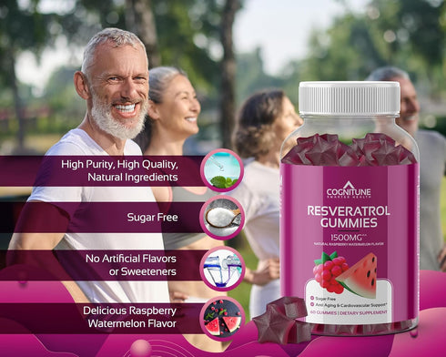 Resveratrol Gummies - Sugar Free Natural Raspberry Watermelon Flavor, 1500mg Resveratrol Supplement for Heart, Brain, Immune Support & Wellness, P...