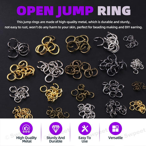 Swpeet 1414Pcs 4mm 5mm 6mm 8mm 10mm Open Jump Rings and Lobster Clasps with Jewelry Repair Tools Assortment Kit, Including Waxed Necklace Cords, 1...