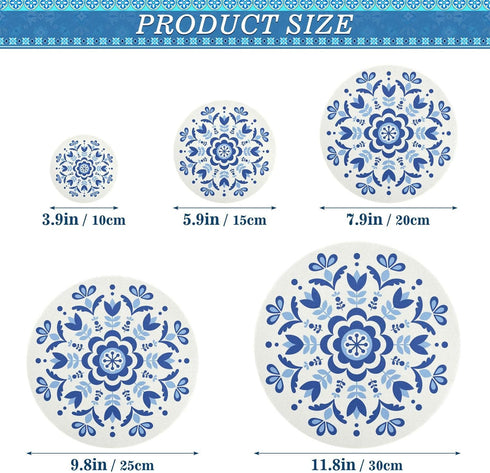 Reusable Stretchy Bowl Covers 5 Pieces, Circle Floral Blue Food Storage Container Elastic Covers, Dough Covers Reusable Fabric Covers for Bread Pr...