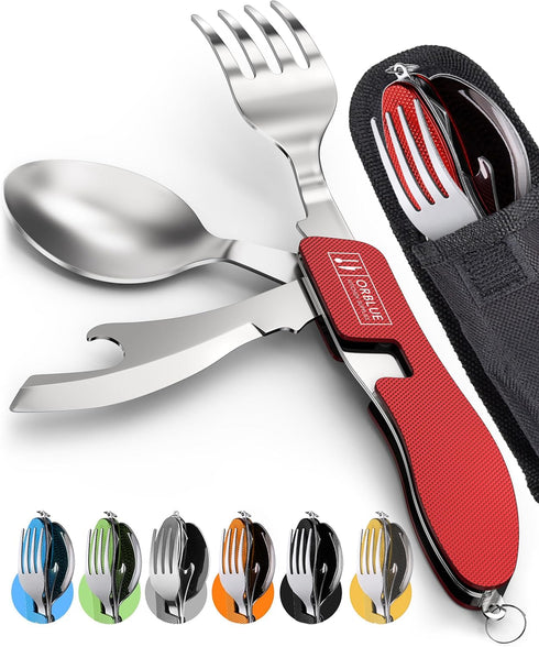 Orblue 4-in-1 Camping Utensils, 2-Pack - Portable Stainless Steel Spoon, Fork, Knife & Bottle Opener Combo Set - Travel, Backpacking Cutlery Multi...