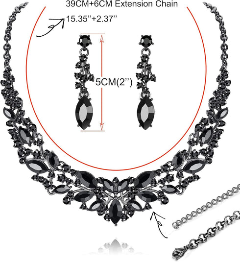 FIASASO Black Bridal Jewelry Set for Women Rhinestone Wedding Necklace Bracelet Dangle Earrings for Bride Bridesmaid Prom Jewelry Accessories...
