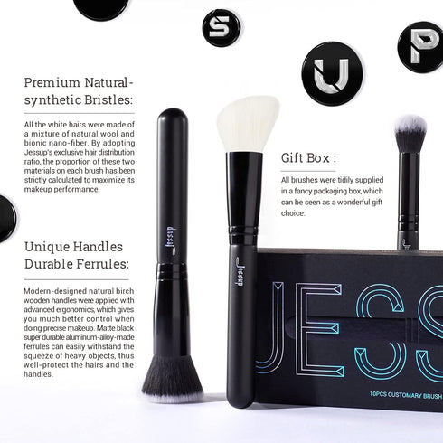 Jessup Makeup Brush Set 10pcs Black Make up Brushes Set Professional with Natural Synthetic Hair for Foundation Blending Blush Concealer Eyeshadow...