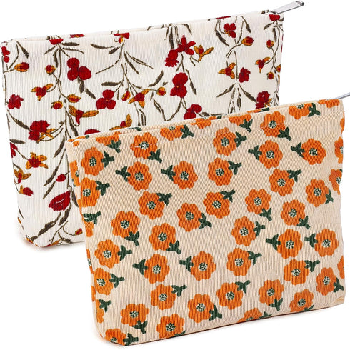 2Pcs Daisy Flower Makeup Bag Travel Cute Cosmetic Bags for Women Large Floral Makeup Pouch Zipper Cosmetic Pouch Set for Purse Aesthetic Corduroy ...