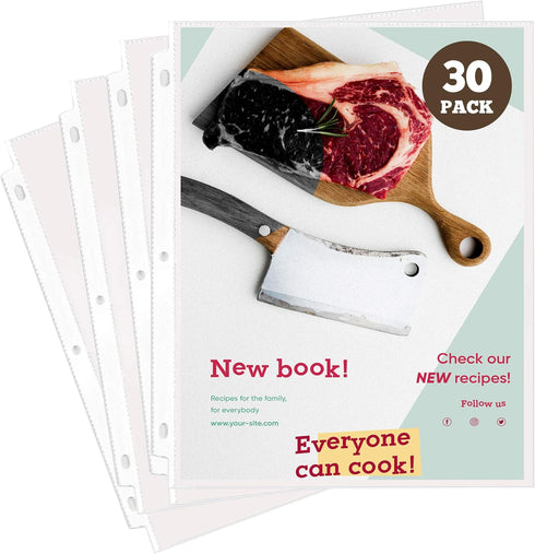 Heavy Duty Recipe Protectors, Holds Standard 8.5" x 11" Paper, 30 Pack, Reinforced Holes, Refill Sheets For 3 Ring Binders...