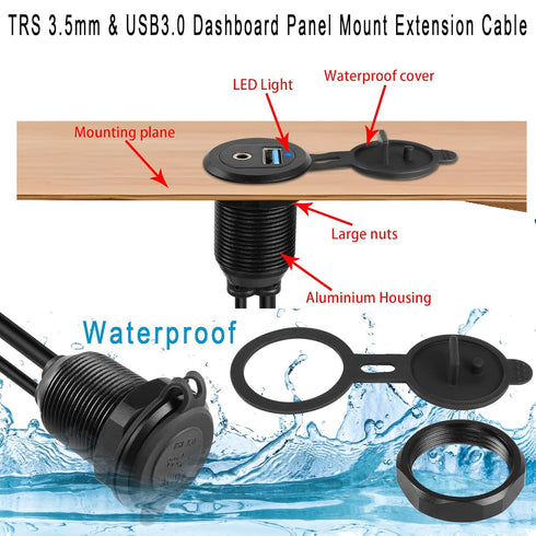 QIANRENON USB3.0 & 3.5mm Audio Threaded Fixed Embedded Car Waterproof Cable 5Gbps TRS 3.5mm & USB3.0 Dashboard Panel Mount Extension Cable, LED Li...