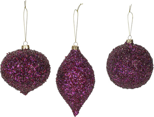 Beaded Purple Plum Glittered Ball Finial 6 inch Glass Decorative Hanging Christmas Ornament Set 3...