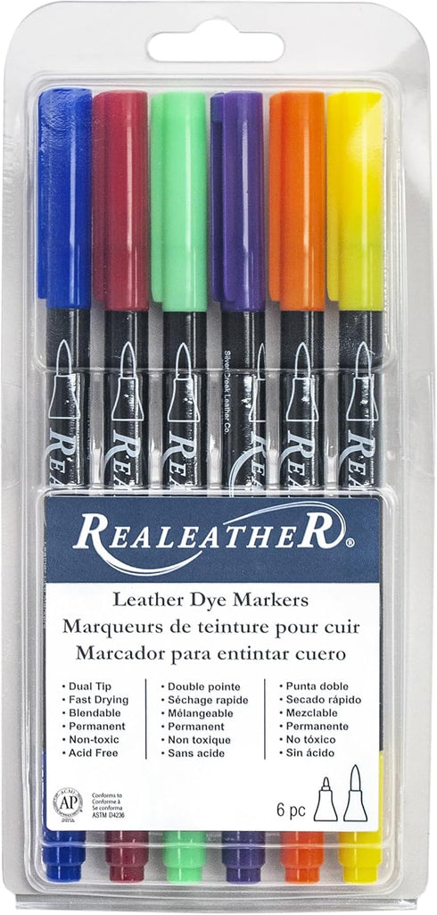 Realeather F2400-02 Leather Dye Pens, Double Sided with Fine and Brush Tips, Basic Colors, 6-Pack...