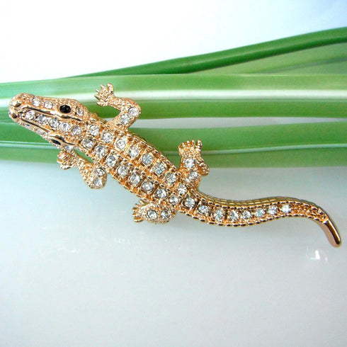 Navachi 18k White Gold Plated White Crystal Crocodile Alligator Az7262 Brooch Pin...