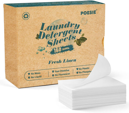 Poesie Laundry Detergent Sheets Fresh Linen Scent 160 Sheets 80 Large Loads Plastic Free Fast Dissolve Washing for All Washing Machine Traveling D...