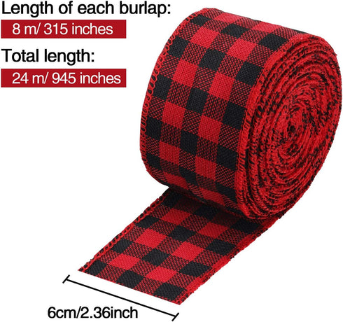 3 Rolls Buffalo Plaid Burlap Wired Ribbon Weave Ribbon with Wired Edge Bows Craft Decoration for Big Bow Wreath Tree Decoration Outdoor (Black and...