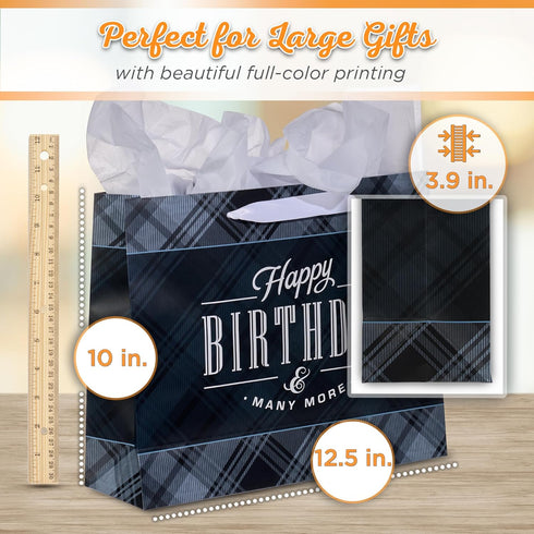 Christian Art Gifts Landscape Gift Bag with Card and Tissue Paper Set - Happy Birthday and Many More, Black and Navy Blue Plaid, Large...