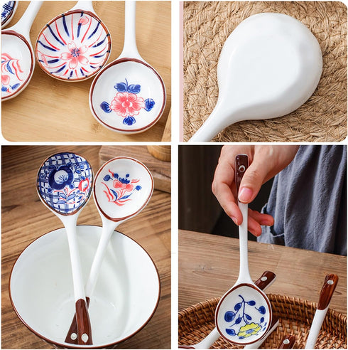 Soup Spoon, Asian Ceramic Spoons with Long Handle Japanese Soup Spoon, Chinese Ramen Spoons Easy to Hold for Ramen Wonton Noodle Miso Dumplings-Se...