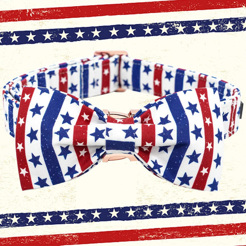 Elegant little tail Independence Day Dog Collar, American Flag Bowtie Dog Collars 4th of July American Pet Gift Adjustable Soft Puppy Collar for L...