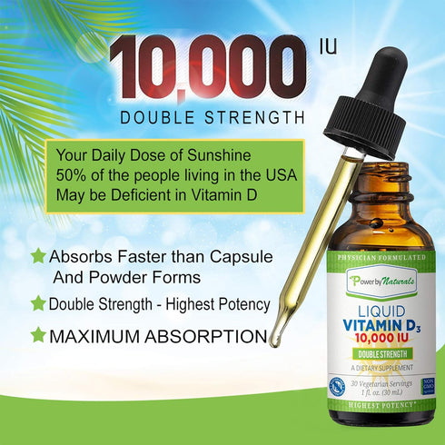 Power By Naturals Vitamin D3 Liquid Drops 10000 IU - High-Potency Vitamin D3 for Adult Bone Strength & Immune Support - Gluten-Free, Non-GMO, Suga...