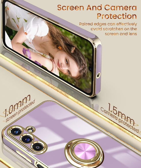 Dretal for Samsung Galaxy A15 5G Case, Screen Protector, 360° Rotatable Ring Holder Magnetic Kickstand,Plated Gold Edge Slim Soft TPU Protective P...