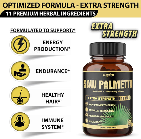 11in1 Saw Palmetto Capsules with Ashwagandha, Turmeric, Tribulus, Maca, Green Tea, Ginger, Holy Basil & More - Healthy Prostate & Hair Support - 1...