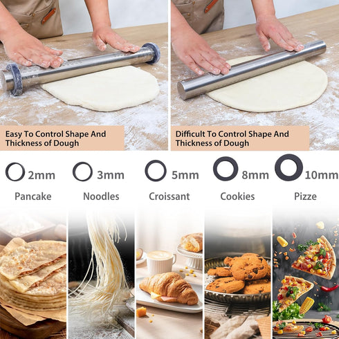 Adjustable Rolling Pin with Thickness Rings for Baking -Non Stick Stainless Steel Dough Roller Pin with Bands for Cookie,Wood,Wooden and Bread (Gr...