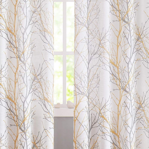 FMFUNCTEX Linen Semi Sheer Curtains for Bedroom, Yellow White Curtains 45 Inches Long for Living Room, Grey Tree Branch Print Curtain Light Filter...
