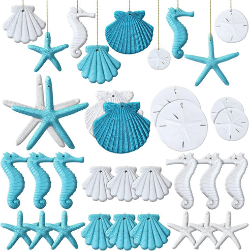 Jetec 26 Pcs Beach Ocean Themed Christmas Ornaments Bulk Resin Starfish Seashell Decorative Nautical Coastal Christmas Ornaments for Tree Home Bat...