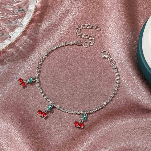 Tennis Ankle Bracelet Gold Rhinestone Chain Tennis Anklet Dainty Crystal Cherry Ankle Chain Boho Diamond Fruit Pendant Anklet Beach Wedding Foot J...
