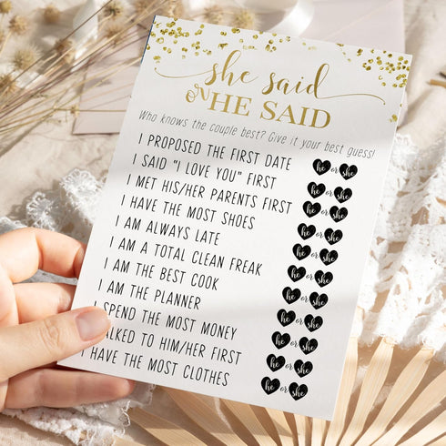 Black and Gold Bridal Shower Games - 25 Cards - He Said She Said Bridal Shower Game, What Did the Bride and Groom Say Guess Who Wedding Activity -...