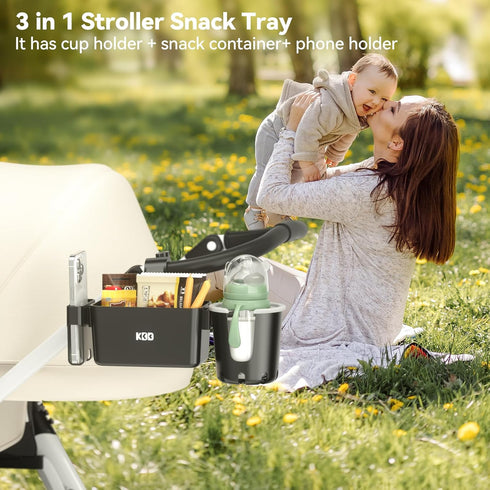 KDD Stroller Cup Holder with Snack Tray, 3-in-1 Universal Stroller Tray with Phone Holder, Removable Drink Holder, 360 Rotation Tray Attachment fo...