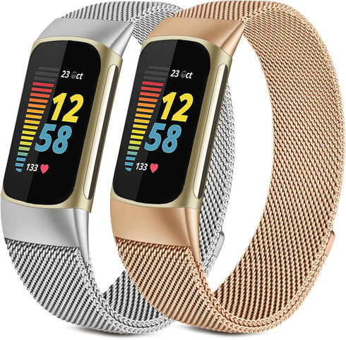 2 Pack Metal Band Compatible with Fitbit Charge 6/Charge 5 Bands for Women Men, Metal Mesh Milanese Loop Adjustable Strap Replacement for Fitbit C...
