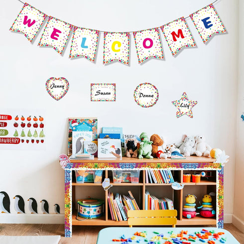 30 Pcs 29.5 ft Welcome Banner Confetti Bulletin Board Borders Classroom Confetti Border Trim with Welcome Sign Classroom Confetti Pennant for Offi...