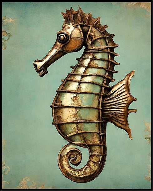 Posterizer 1 pcs-cute seahorse with retro chic background 1-Coastal & Nautical Art-Gift for Nature, Surfers and Beach Lovers -Decor for Beach Hous...