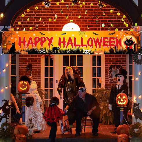 Halloween Black Cat Yard Decor Banner, Happy Halloween Black Cat Yard Sign Outside Banner Decorations for Outdoor Yard Fence, Scary Cat Halloween ...