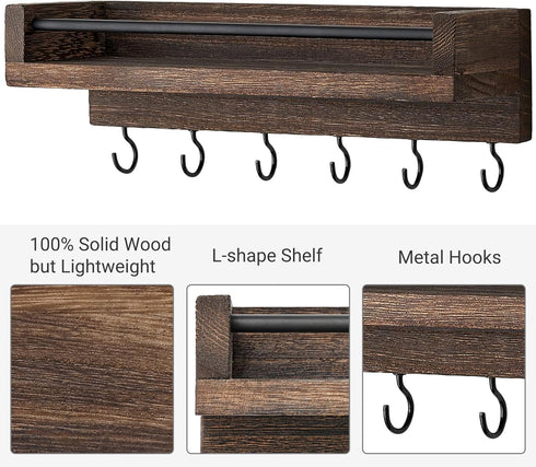 Mkono Key Holder for Wall 9.5" x 3.5" x 2.5" Small Rustic Wood Key Rack with 6 Hooks Decorative Display Keys Hanger Organizer for Entryway Living ...