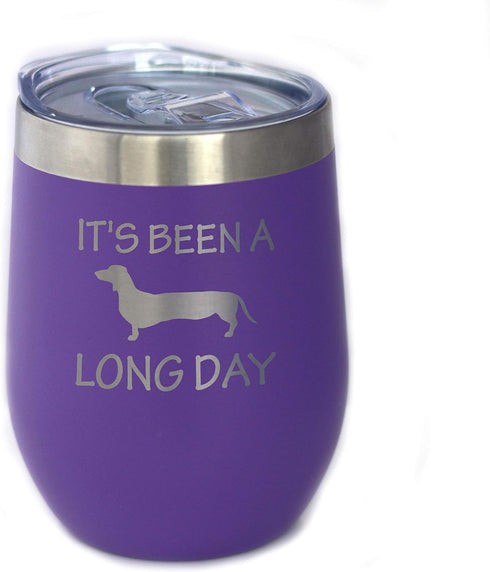 Been a Long Day - Dachshund Wine Tumbler with Sliding Lid - Stemless Stainless Steel Insulated Cup - Cute Funny Gift for Coworkers or Boss - Purpl...