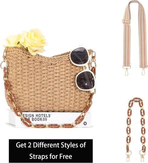 Herald Small Handmade Straw Pocketbook Crossbody Bag for Women, Summer Chic Woven Handbag Shoulder Purse with Chain...