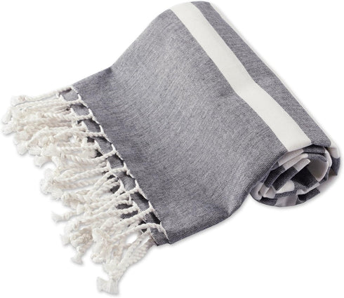 100% Cotton, Soft & Absorbent Decorative Turkish Fouta Towel with Twisted Fringe for Home, Beach, Pool, or Décor, Use As Blanket or Throw - Black ...