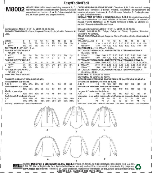 McCall's Women's Loose Fitting Long Sleeve Blouse Sewing Patterns, Sizes 6-14, various, White...