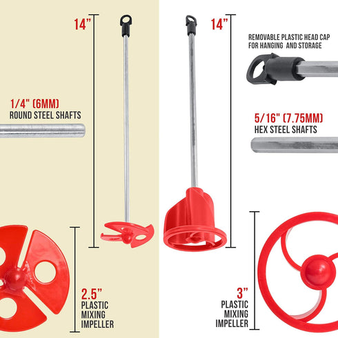TCP Global 2 Types of Paint, Epoxy Resin, Mud Power Mixer Blade Drill Tools for Mixing Quarts to 2.5 Gallon Buckets - 14" Long, 1/4" Round and 5/1...