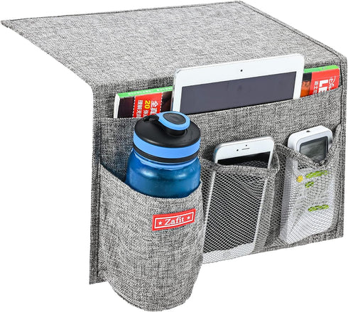 Linen 4 Pockets Bedside Caddy, Bedside Storage Organizer with Water Bottle Holde for Magazine, Remotes, Phone (Grey)...