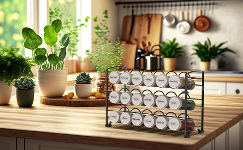 Deco Brothers Spice Rack Stand holder with 18 Bottles and 48 Labels, Black...