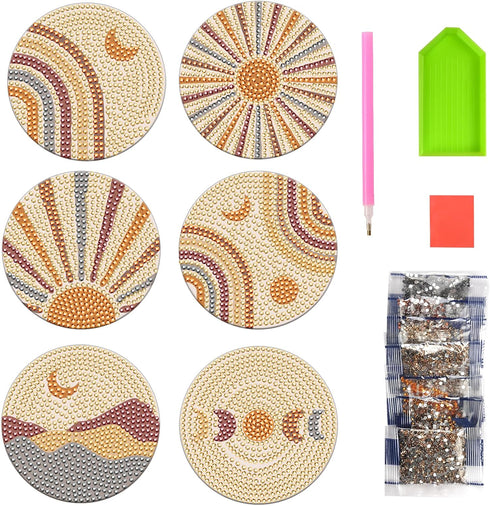 6 Pcs Boho Diamond Coasters Painting Coasters, Boho Diamond Art Coasters, DIY Diamond Arts Painting Coasters for Drinks Coffee Table, Diamond Arts...