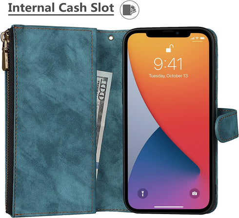 iCoverCase iPhone 13 Wallet Case with Card Holder, 2 in 1 PU Leather Magnetic Clasp Zipper Pocket Shockproof Detachable Flip Wrist Strap for (Blue...