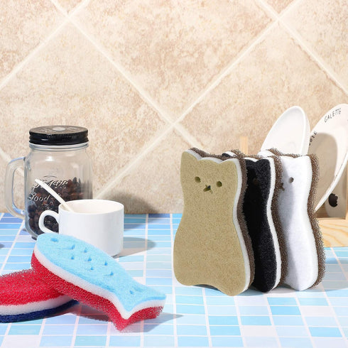 8 Pieces Kitchen Scrub Sponges Cat Fish Cleaning Sponge Dishwashing Scrubber Non-Scratch Multi-Use Sponges for Dishes Pots Pans Sinks...