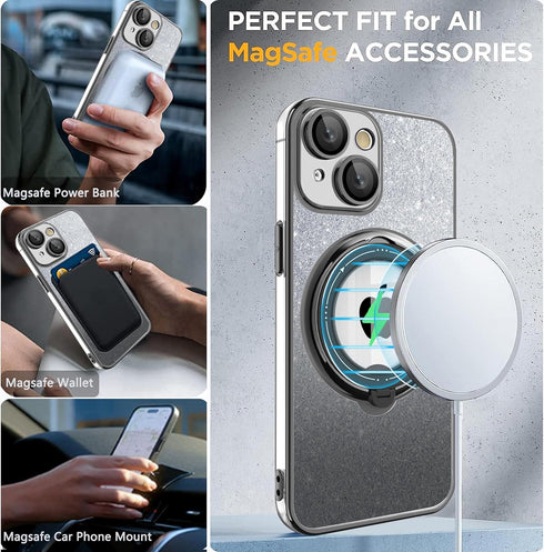 for iPhone 11 Case Glitter with Rotatable Ring Stand Compatible with MagSafe, Plating Bling Clear Case with Camera Lens Protector Slim Phone Case ...