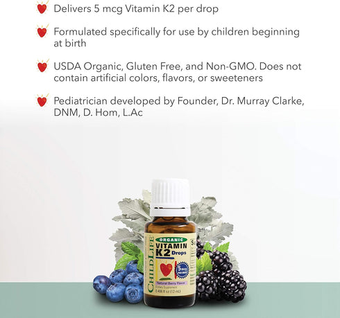 ChildLife Essentials Organic Vitamin K2 Drops - Liquid K2 Vitamin Drops, 5 mcg per Drop, USDA Organic, All-Natural, Non-GMO, Gluten-Free - Natural...