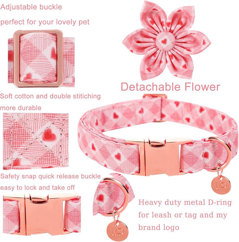 Valentine’s Day Dog Collar with Flower, Valentine Flower Collar Puppy Girl Dog or Cat, Valentine’s Day & Wedding Gift Pet Collar, Cotton Plaid Col...