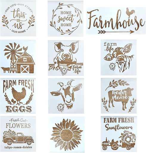 12 Pcs Farmhouse Sign Stencils, Farm Reusable Stencils, Large Farm Stencils Theme Painting, Farmhouse Stencils for Painting on Wood, Sunflower Ste...