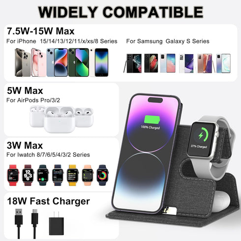 3 in 1 Wireless Charging Station for Multiple Devices, Foldable Travel Wireless Charger for iPhone 15 14 13 12 11 Pro Max IWatch 2-8 Series AirPod...